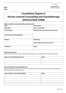 Foundation Degree in Person-centred Counselling and Psychotherapy APPLICATION FORM
