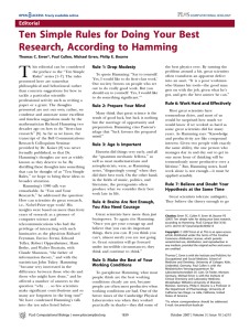 T Ten Simple Rules for Doing Your Best Research, According to Hamming Editorial