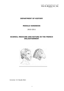 DEPARTMENT OF HISTORY MODULE HANDBOOK SCIENCE, MEDICINE AND NATURE IN THE FRENCH ENLIGHTENMENT