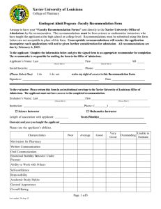 Xavier University of Louisiana Contingent Admit Program - Faculty Recommendation Form