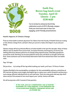 Earth Day Brown bag lunch event Tuesday, April 22 12noon - 1 pm