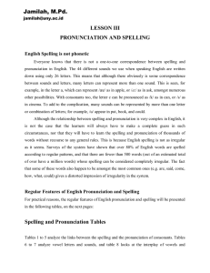 LESSON III PRONUNCIATION AND SPELLING Jamilah, M.Pd. English Spelling is not phonetic