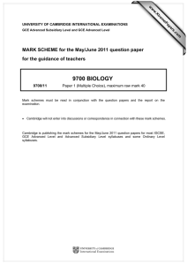 9700 BIOLOGY  MARK SCHEME for the May/June 2011 question paper