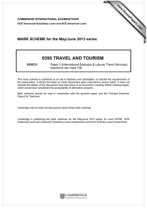 9395 TRAVEL AND TOURISM  MARK SCHEME for the May/June 2013 series