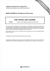 9395 TRAVEL AND TOURISM  MARK SCHEME for the May/June 2014 series