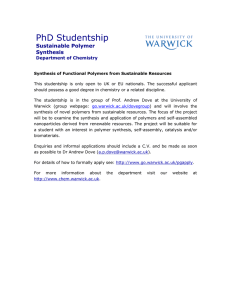 PhD Studentship Sustainable Polymer Synthesis Department of Chemistry