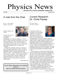 Physics News Current Research: A note from the Chair Dr. Christ Ftaclas