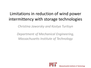 Limitations in reduction of wind power intermittency with storage technologies