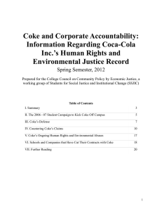 Coke and Corporate Accountability: Information Regarding Coca-Cola Inc.’s Human Rights and
