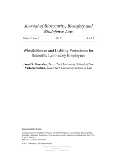 Journal of Biosecurity, Biosafety and Biodefense Law Whistleblower and Liability Protections for