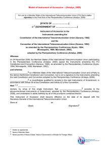 Model of Instrument of Accession – (Antalya, 2006) [STATE OF ...........................]