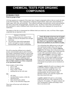 CHEMICAL TESTS FOR ORGANIC COMPOUNDS INTRODUCTION Work in groups of four