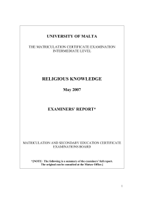 RELIGIOUS KNOWLEDGE UNIVERSITY OF MALTA May 2007