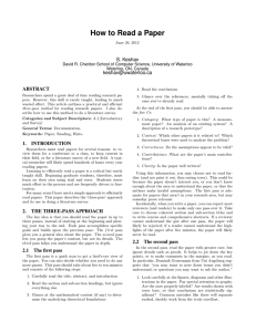 How to Read a Paper S. Keshav  ABSTRACT