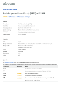 Anti-Adiponectin antibody [19F1] ab22554 Product datasheet 13 Abreviews 7 Images