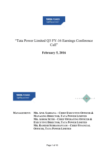 “Tata Power Limited Q3 FY-16 Earnings Conference Call” February 5, 2016