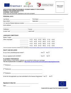 APPLICATION FORM FOR ERASMUS+ STUDENT MOBILITY FOR STUDIES ACADEMIC YEAR 2016/2017