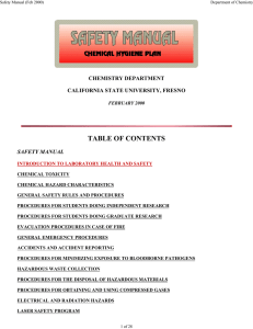 TABLE OF CONTENTS CHEMISTRY DEPARTMENT CALIFORNIA STATE UNIVERSITY, FRESNO SAFETY MANUAL