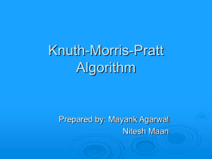 Knuth-Morris-Pratt Algorithm Prepared by: Mayank Agarwal Nitesh Maan