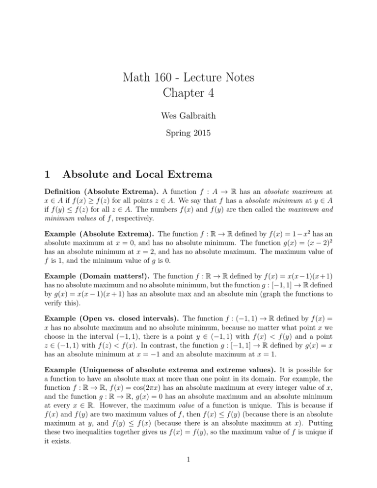 Math 160 - Lecture Notes Chapter 4 1 Absolute and Local Extrema