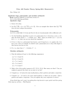 Pries: 405 Number Theory, Spring 2012. Homework 2. Due: Friday 2/3.