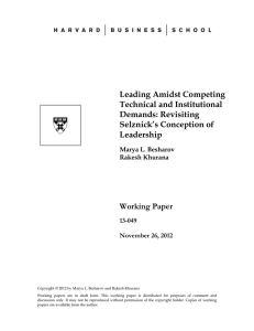 Leading Amidst Competing Technical and Institutional Demands: Revisiting Selznick’s Conception of