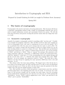 Introduction to Cryptography and RSA Spring 2011