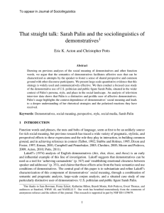 That straight talk: Sarah Palin and the sociolinguistics of demonstratives 1