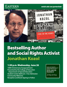 Bestselling Author and Social Rights Activist Jonathan Kozol 1:30 p.m. Wednesday, June 26