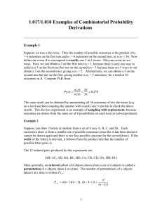 1.017/1.010 Examples of Combinatorial Probability Derivations  Example 1