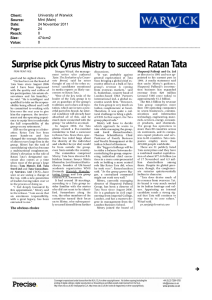 Surprise pick Cyrus Mistry to succeed Ratan Tata  Client: Source: