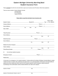 Eastern Michigan University Marching Band Student Insurance Form