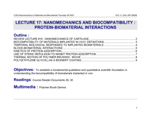 LECTURE 17: NANOMECHANICS AND BIOCOMPATIBILITY : PROTEIN-BIOMATERIAL INTERACTIONS Outline :