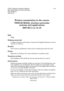 Written examination in the course TDDC22 Mobile wireless networks: systems and applications
