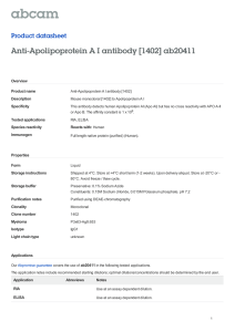 Anti-Apolipoprotein A I antibody [1402] ab20411 Product datasheet Overview Product name