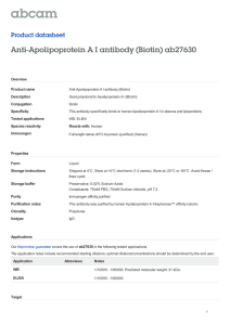 Anti-Apolipoprotein A I antibody (Biotin) ab27630 Product datasheet Overview Product name