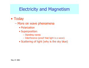 Electricity and Magnetism • Today – More on wave phenomena • Polarization