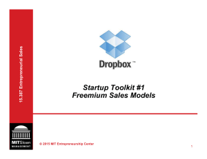 Startup Toolkit #1 Freemium Sales Models  15.387 Entrepreneurial Sales