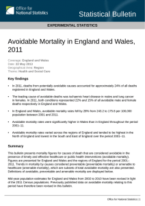 Statistical Bulletin Avoidable Mortality in England and Wales, 2011 EXPERIMENTAL STATISTICS