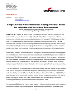 Cooper Crouse-Hinds Introduces Vaporgard™ LED Series for Industrial and Hazardous Environments