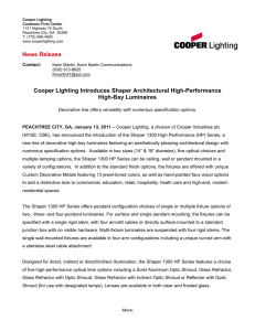 Cooper Lighting Introduces Shaper Architectural High-Performance High-Bay Luminaires News Release