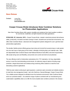 Cooper Crouse-Hinds Introduces Solar Combiner Solutions for Photovoltaic Applications News Release