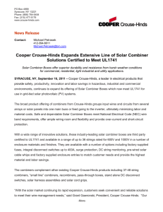 Cooper Crouse-Hinds Expands Extensive Line of Solar Combiner News Release