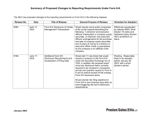 Summary of Proposed Changes to Reporting Requirements Under Form 8-K