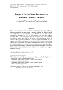 Impact of Foreign Direct Investment on Economic Growth of Pakistan Abstract