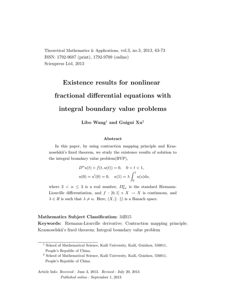 Existence results for nonlinear fractional differential equations with integral boundary value problems
