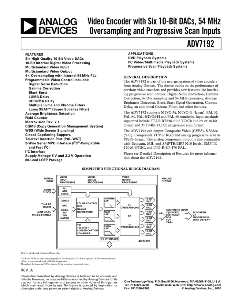 A Video Encoder With Six 10 Bit DACs 54 MHz ADV7192