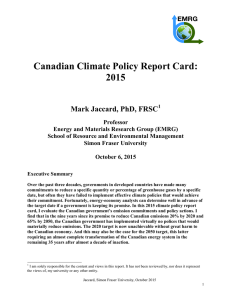 Canadian Climate Policy Report Card: 2015  Mark Jaccard, PhD, FRSC