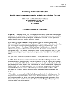 University of Houston-Clear Lake Health Surveillance Questionnaire for Laboratory Animal Contact
