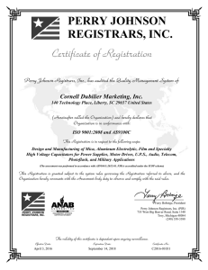 PERRY JOHNSON REGISTRARS, INC. Cornell Dubilier Marketing, Inc. ISO 9001:2008 and AS9100C